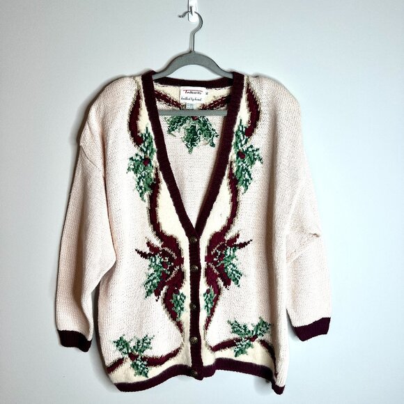 Vtg Talbots Handknitted Victorian Christmas Grandma Cardigan Sweater Cottagecore - Picture 1 of 5